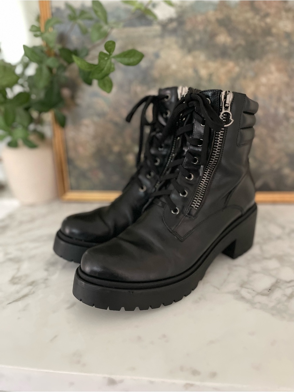 Moncler Viviane Leather Combat Boots Made in Italy Black Chunky Moto Size 40 - Picture 3 of 13
